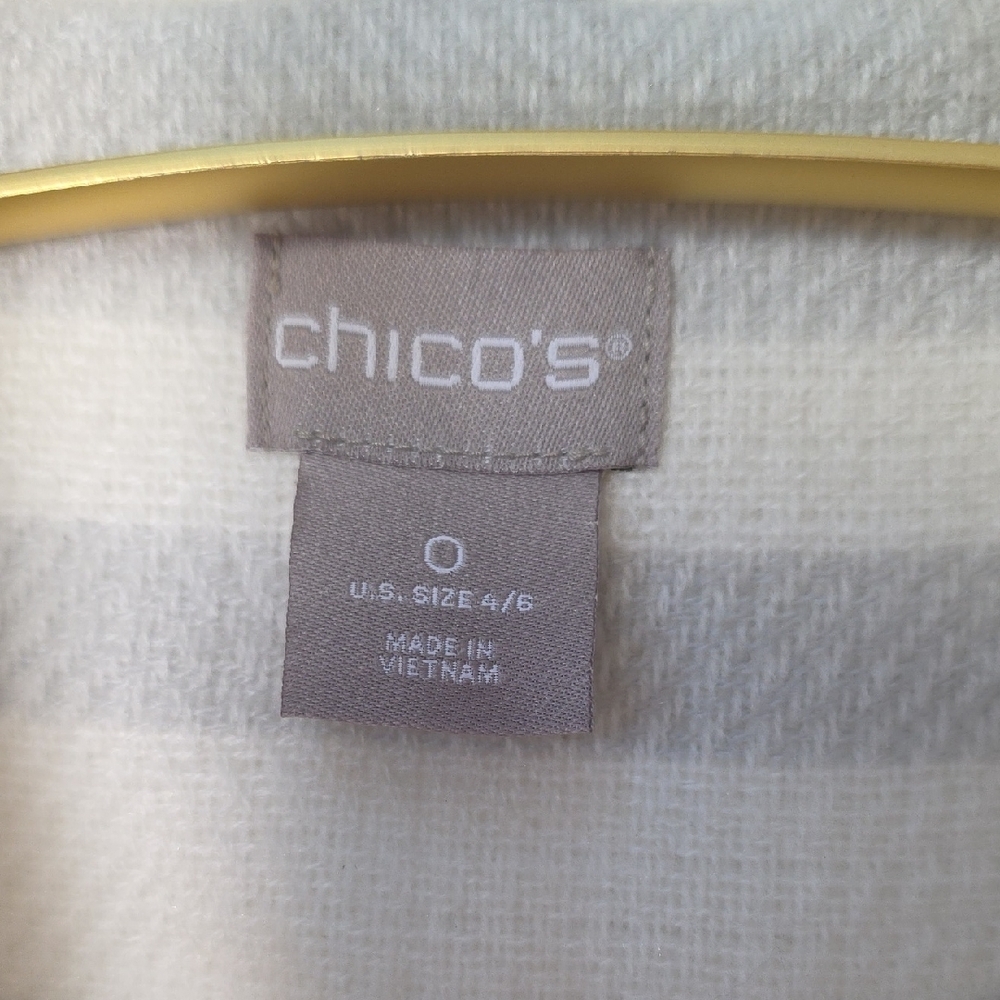 Chico's White Striped Cream Shawl-Collar Belted Blanket Jacket with Navy Beige - Picture 2 of 13